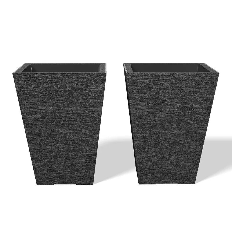 Black Tall Plastic Trapezoid Plant Pots / Large Indoor and Outdoor Flower Planters, 2 Piece Set