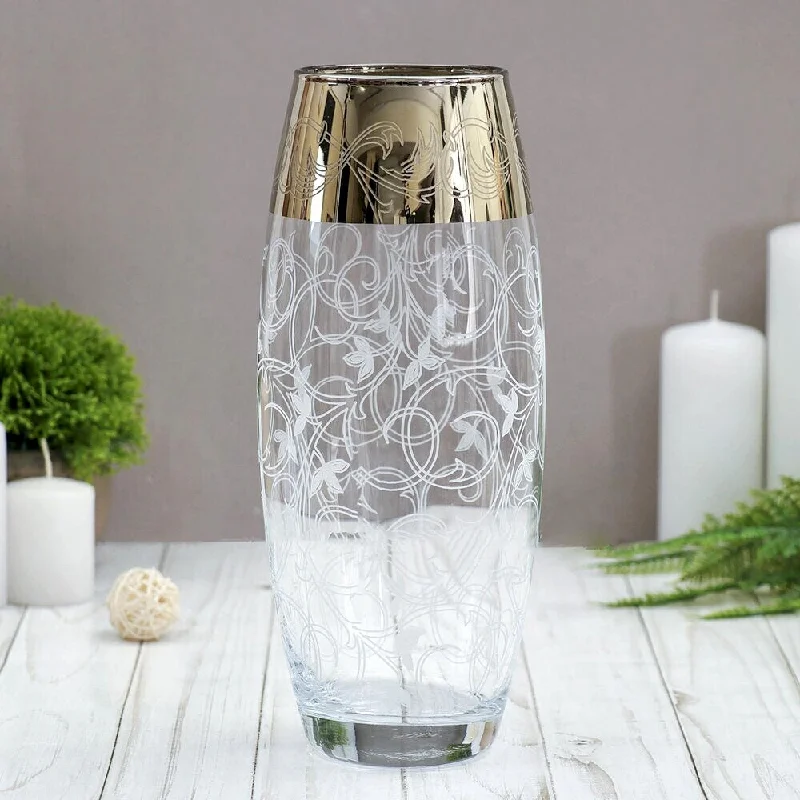 Clear Tall Neck 10" Glass Floral Engraved Gold Plated Vase