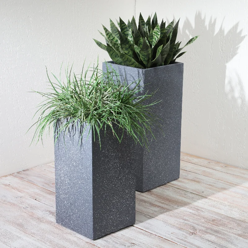 Dark Gray Resin Square Nested Planters, Set of Two, 11"Lx11"W 22"H/13"Lx11"W28"H, Stylish Indoor and Outdoor Plant Pots,