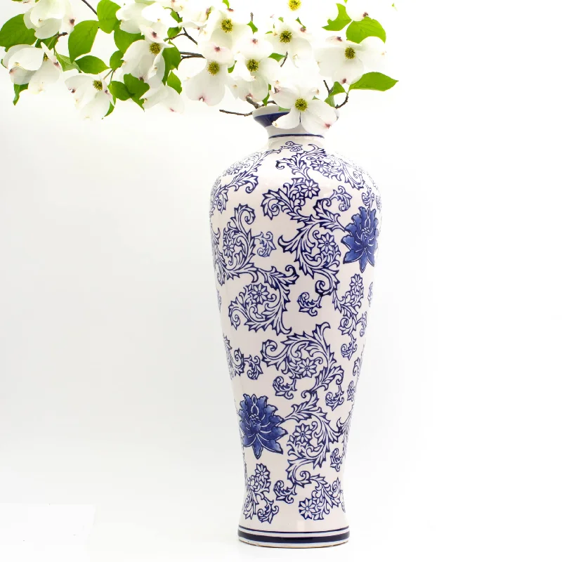 Euro Ceramica Blue Garden 20" White Tall Vase