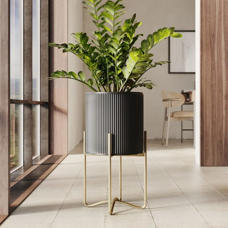 Everett Black Mid-Century Modern Indoor Metal Pot Planter with Tall Metal Base