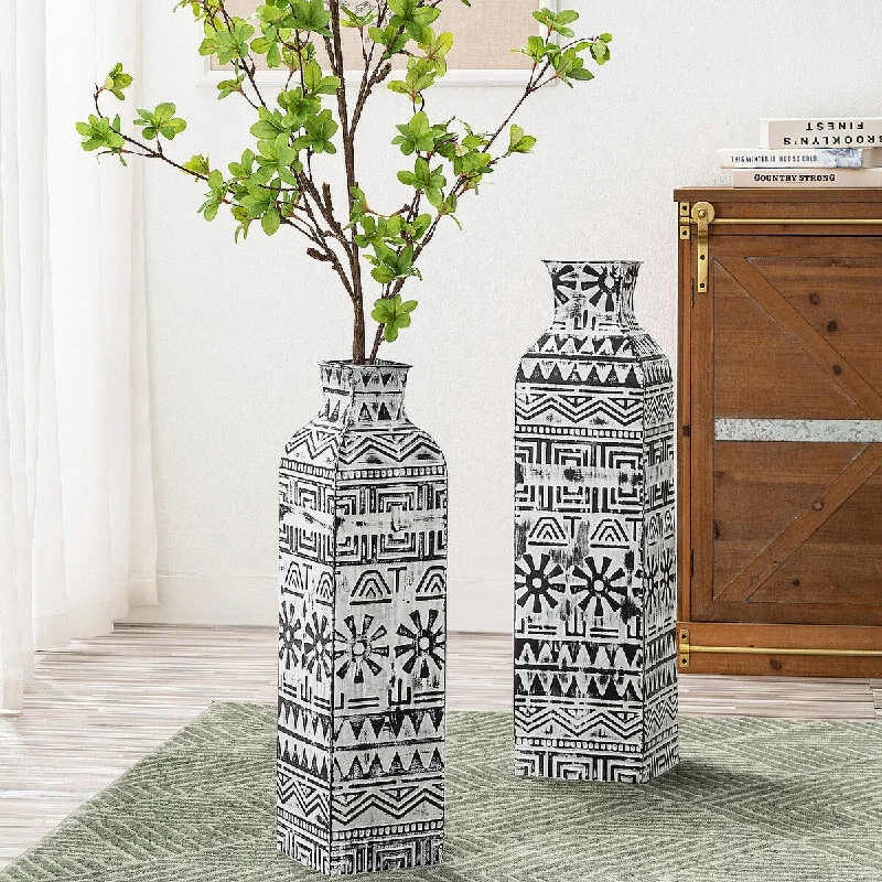 Glitzhome Set of 2 Global/Boho Exotic Textured Metal Table Floor Vases