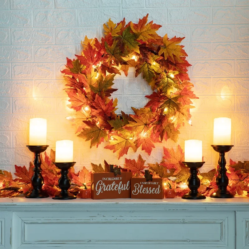 Glitzhome Thanksgiving LED Lighted Fall Maple Leaves Wreath & Garland