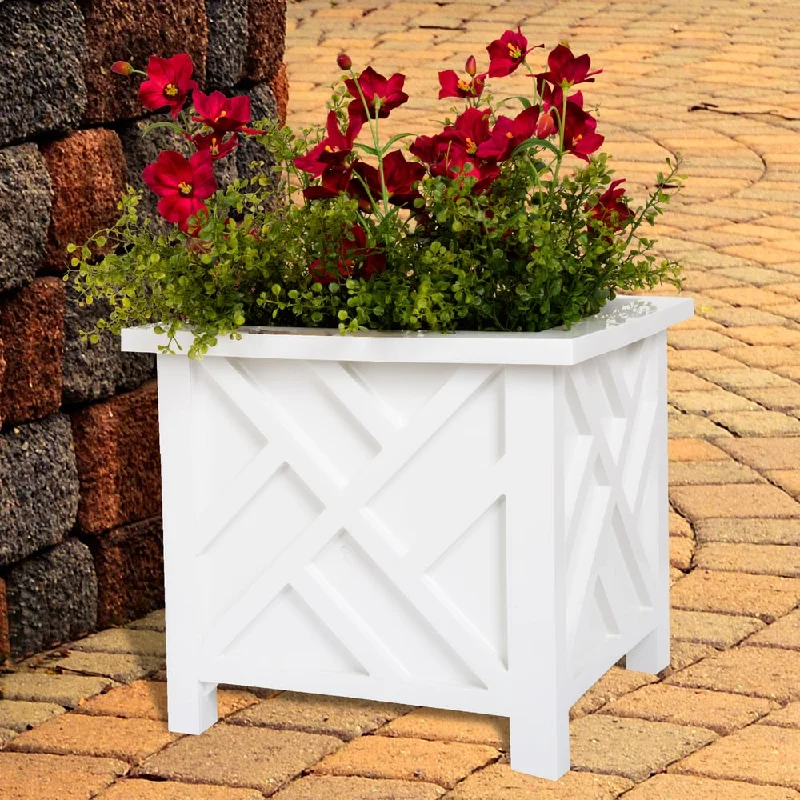 Lattice Design Planter Box – 14.75-Inch-Square Decorative Outdoor Flower or Plant Pot by Pure Garden (White)