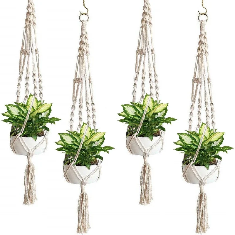 Macrame Plant Hanger (4 Pack) Indoor Outdoor Hanging Plant Pots Cotton Rope, Elegant for Home, Patio, Garden