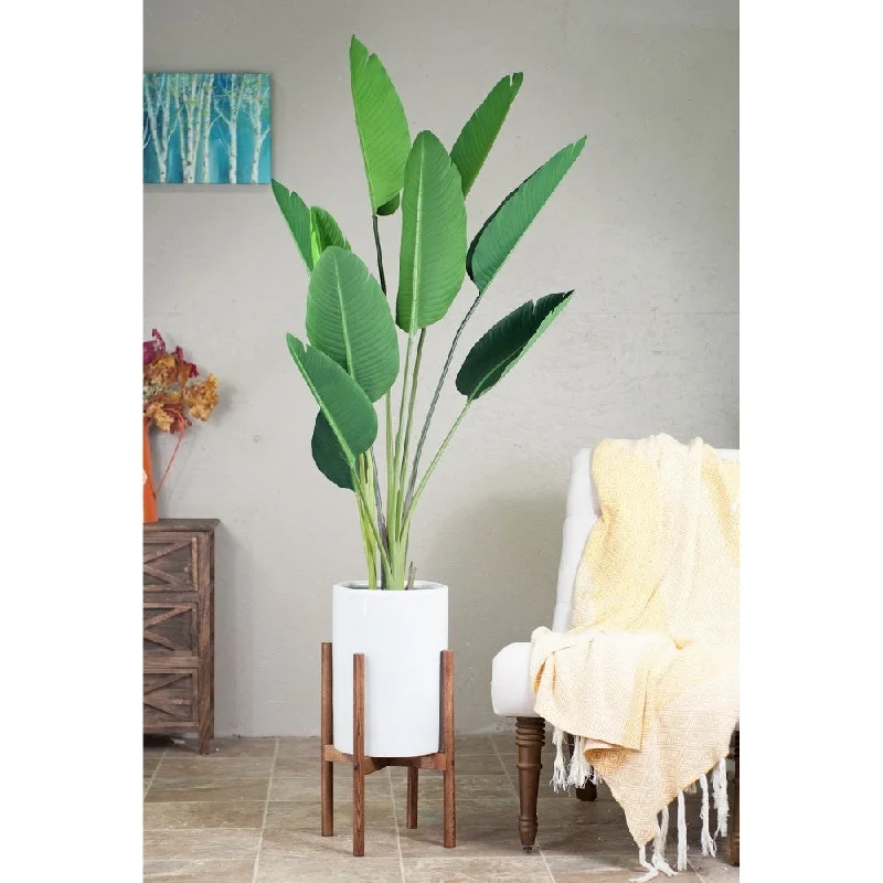 Mid-Century Modern Tall Cylinder White Ceramic Planter 10" with Wood Stand Honey Color