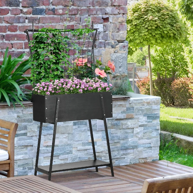 Outsunny Raised Garden Bed with Climbing Grid Trellis & Storage Shelf, Elevated Planter Box for Vegetable Vines