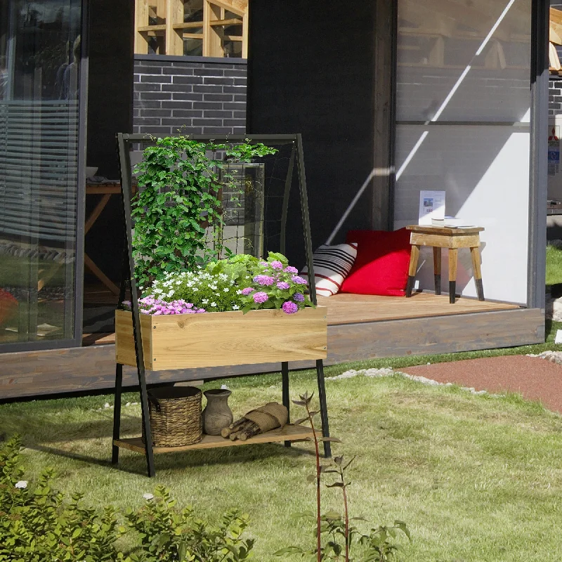 Outsunny Raised Garden Bed with Climbing Grid Trellis & Storage Shelf, Elevated Planter Box for Vegetable Vines