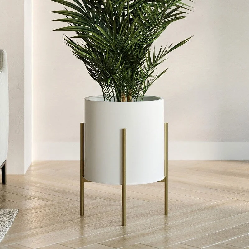 Raya White Mid-Century Modern Planter with 4-Leg Metal Base