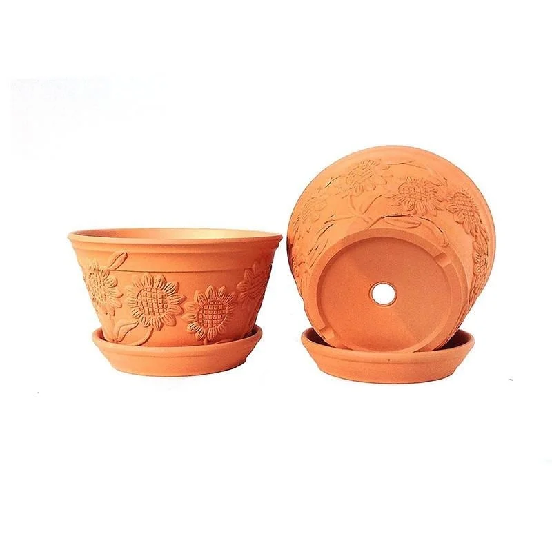 Set of 2 Sunflower Terracotta Garden Pot with Individual Tray, 2 SIZES