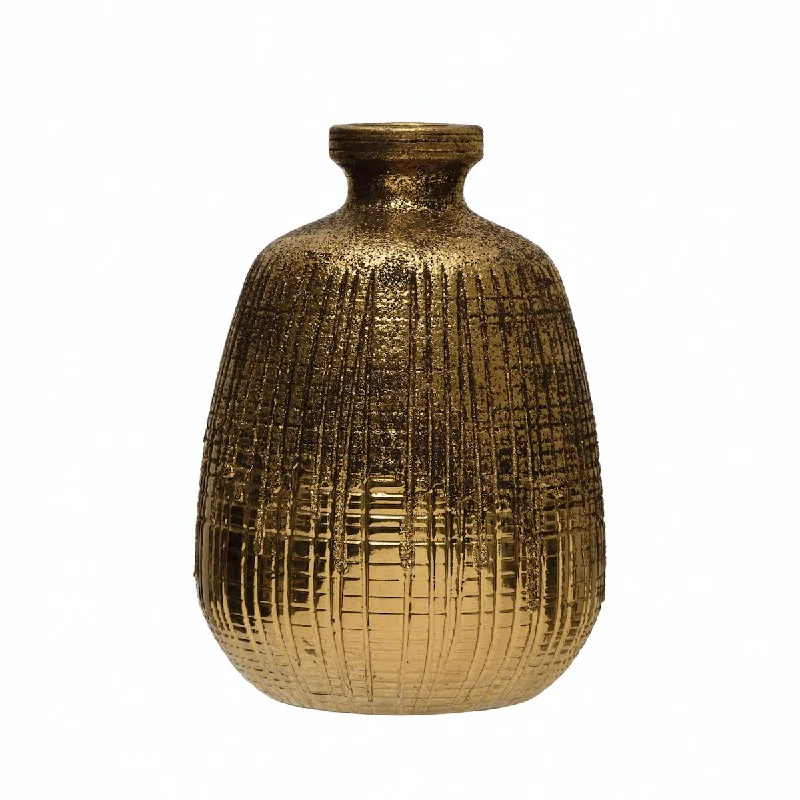 Textured Terra-cotta Vase with Lines, Gold Finish