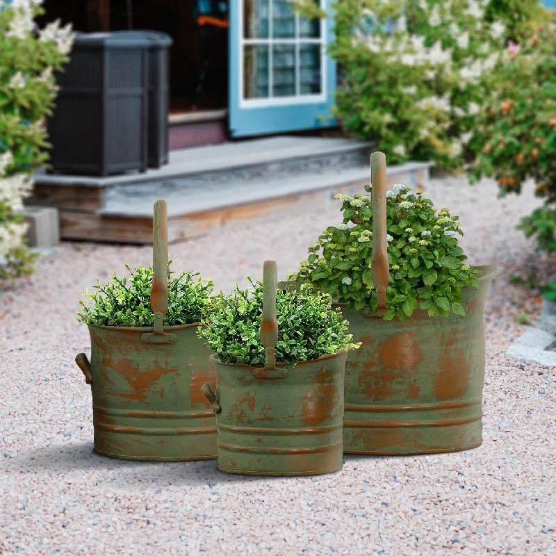 Tinged Metal Bucket Planter With Handles, Patina Rust Finish, Green, Set of 3