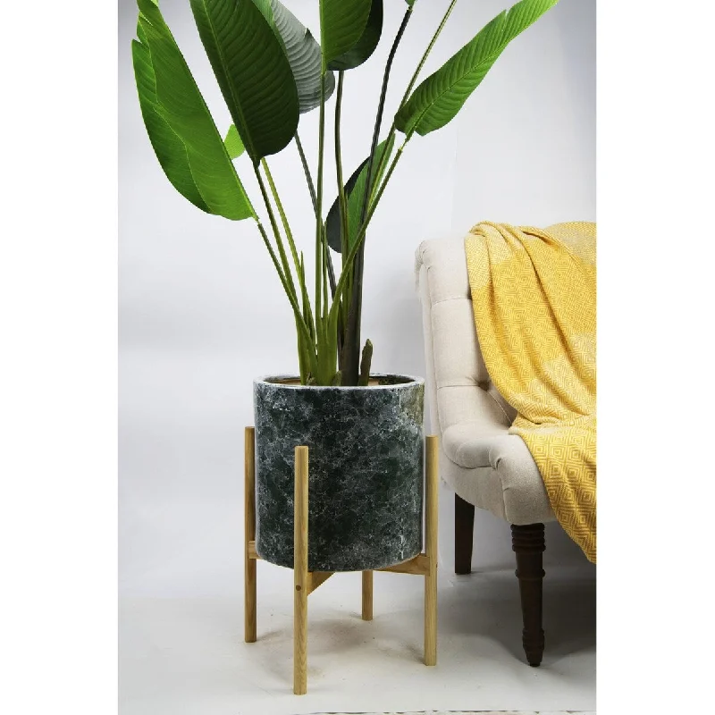 UPshining 13'' Extra Large Mid-Century Modern Ceramic Planter Green Marble With Wood Stands