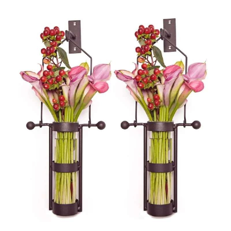 Wall Mount Hanging Glass Cylinder Vase Set with Metal Cradle and Hook